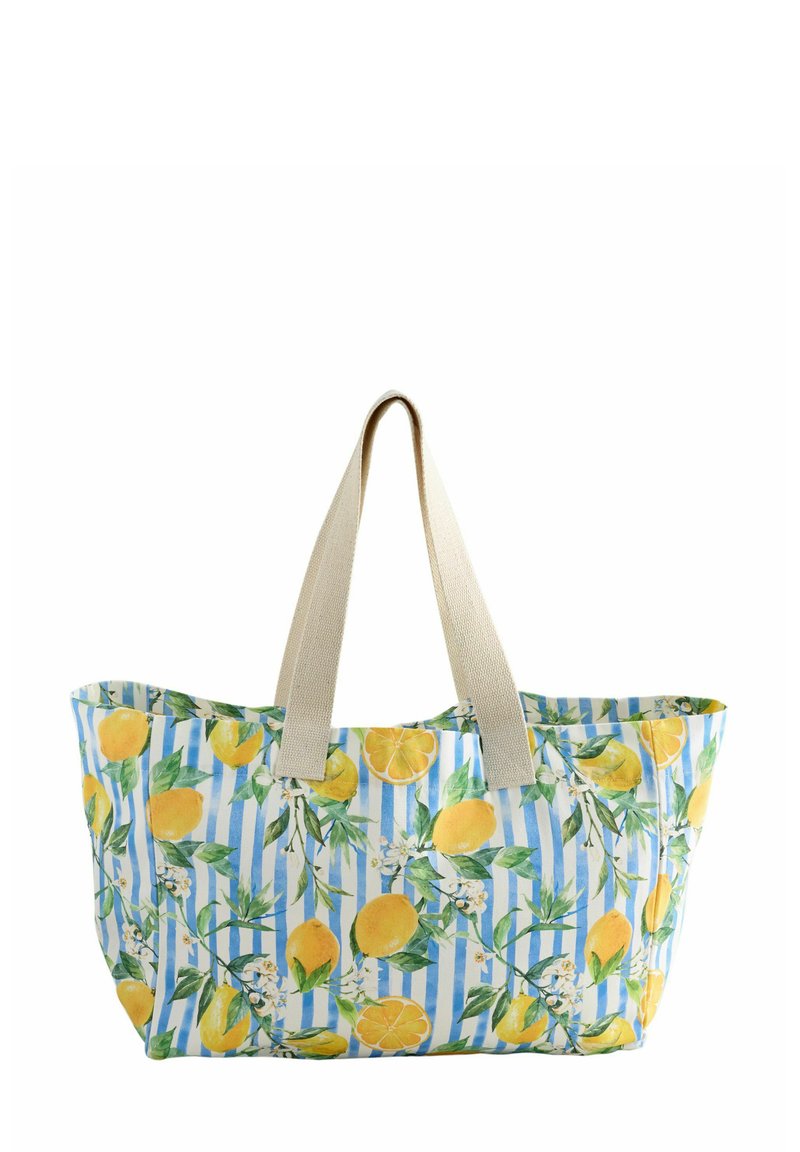 Tote bag with a lemon and floral design on a blue and white striped background. Features beige flat handles and a soft, flexible fabric.