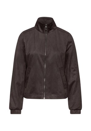 Giacca in suede marrone scuro con zip frontale, colletto alto, maniche lunghe, polsini elasticizzati e due tasche laterali.