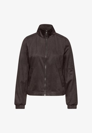 Chaqueta de ante marrón oscuro con cremallera frontal, cuello alto, mangas largas, puños elásticos y dos bolsillos laterales.