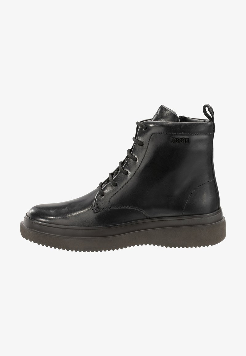 Bottine noire en cuir à lacets avec semelle épaisse marron et languette à l'arrière, avec la marque « JOOP! » sur le côté.