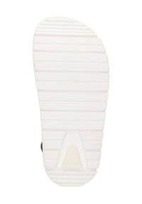 White rubber shoe sole with horizontal grooves and textured surface, featuring a triangular accent and centered brand logo detail.