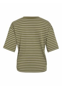 Camiseta de rayas verde oliva con mangas cortas, cuello redondo y tela suave. Presenta rayas blancas horizontales en la parte posterior.