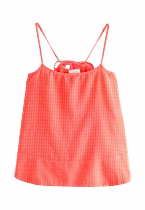Coral tank top with thin straps, featuring a checkered pattern and a back tie design. Lightweight fabric with a relaxed fit.