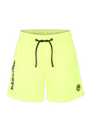 Pantaloni da bagno giallo neon realizzati in tessuto leggero, con cordoncino nero, tasche laterali e scritte nere audaci sulla gamba sinistra.