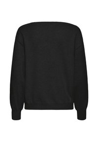 Čierny pletený sveter s dlhým rukávom, s rebrovanými manžetami a lemom, zobrazený zozadu na bielom pozadí.