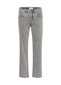 Jeans de mezclilla gris con corte recto, que cuentan con bolsillos frontales, costuras en contraste y un cierre de botón en la cintura.