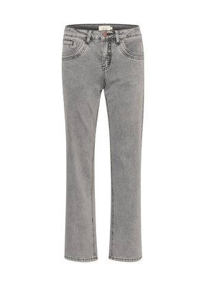 Grå denimjeans med rak benpassform, som har framfickor, kontrasterande sömnad och en knappstängning i midjan.