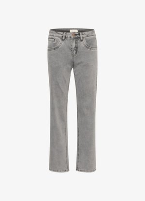 Hallid denim püksid otse lõikega, esikülgedel taskud, kontrastõmblused ja nupuga sulgemine vöö kohal.