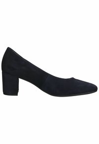 Escarpin femme en daim noir à talon bas, bout rond et talon bloc, vu de profil sur fond blanc.