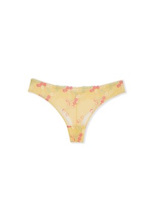 Gelber transparenter Spitzen-String mit rosa und weiß besticktem Kirschmuster auf weißem Hintergrund.