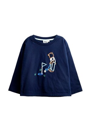Marineblauw kinder shirt met lange mouwen met een beer die golf speelt geborduurd aan de voorkant naast een vlag en een golfbal.