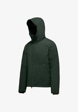 Groene, geïsoleerde jas met capuchon, voorzien van een volledige ritssluiting en twee zijzakken. De stof is glad en licht textuur.