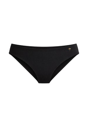 Schwarzer Bikini-Slip mit niedriger Taille und kleinem goldfarbenem Palmenlogo an der linken Hüfte, vor weißem Hintergrund.