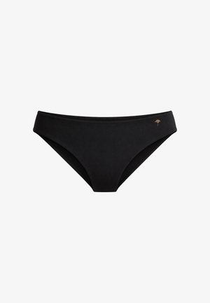 Slip bikini nero a vita bassa con un piccolo logo a palma dorata sull'anca sinistra, su sfondo bianco.