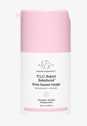 Drunk Elephant T.L.C. Sukari Babyfacial, 50 ml, white bottle with pink cap, features product name and elephant logo in black text.