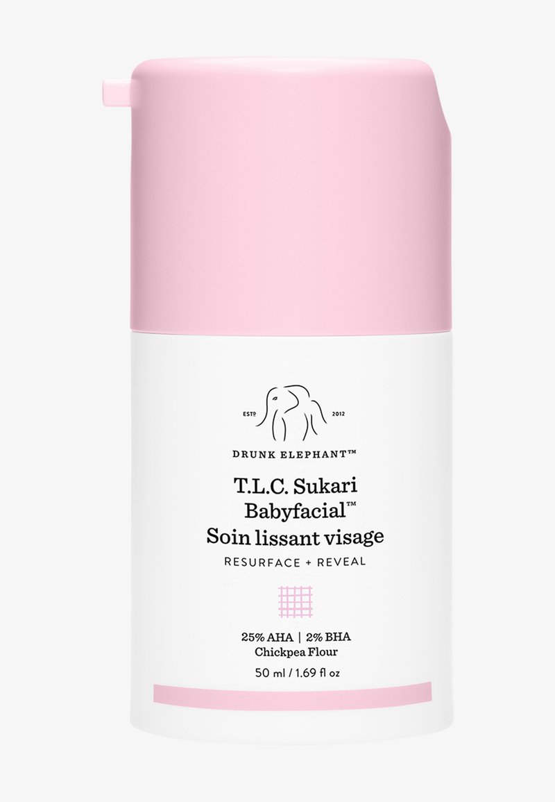 Drunk Elephant T.L.C. Sukari Babyfacial, 50 ml, white bottle with pink cap, features product name and elephant logo in black text.
