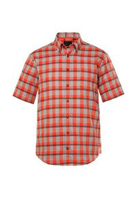 Camisa de botones de manga corta en patrón de cuadros rojos, grises y blancos, con cuello y bolsillo en el pecho, hecha de tejido ligero.