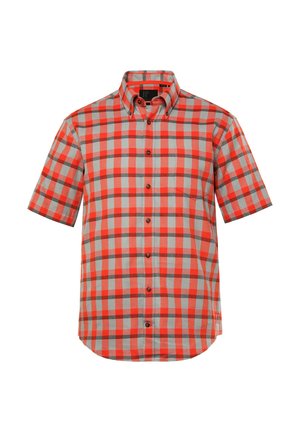 Lyhythihainen napillinen paita punaisessa, harmaassa ja valkoisessa ruutukuosissa, joissa on kaulus ja rintatasku, valmistettu kevyestä kankaasta.