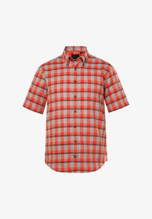 Kortærmet skjortebluse i rød, grå og hvid skotsk tern med krave og brystlomme, lavet af letvægtsstof.