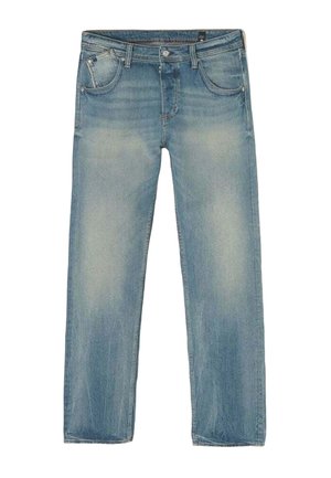 Jeans de mezclilla azul claro con corte recto, diseño de cinco bolsillos y un ligero desgaste. Cuenta con un clásico cierre de botón y cremallera.