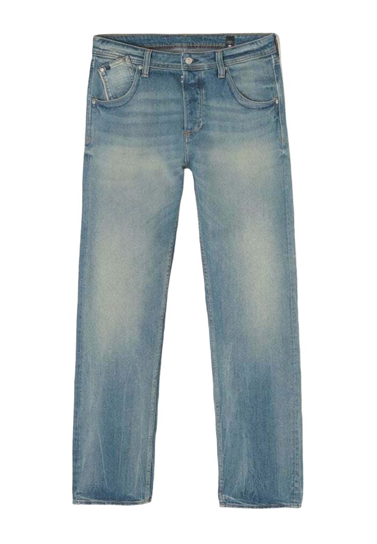Jeans de mezclilla azul claro con corte recto, diseño de cinco bolsillos y un ligero desgaste. Cuenta con un clásico cierre de botón y cremallera.
