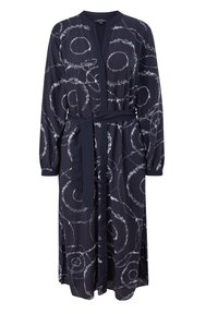 Abito lungo blu marino con motivi a spirale bianchi, maniche lunghe, senza colletto e una cintura in tessuto in vita per un look aderente.