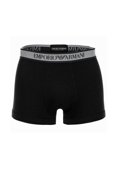 Schwarze Herrenslips von Emporio Armani mit einem grauen Bund, der den Markennamen und das Logo in Schwarz zeigt.