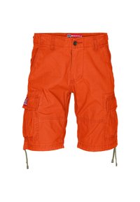 Orangene Cargo-Shorts aus Baumwolle, mit mehreren Taschen, Knopfverschluss und verstellbaren Säumen. Glatte Textur mit robustem Design.