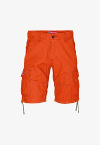 Pantalones cortos de carga naranja de algodón, con múltiples bolsillos, cierre de botón y dobladillos ajustables. Textura suave con un diseño duradero.