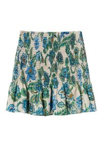 Rock mit Blumenmuster und gerafftem Oberteil, mit blauen und grünen Blumen auf einem hellbeigen Hintergrund, rüschensaum und geraffter Textur.