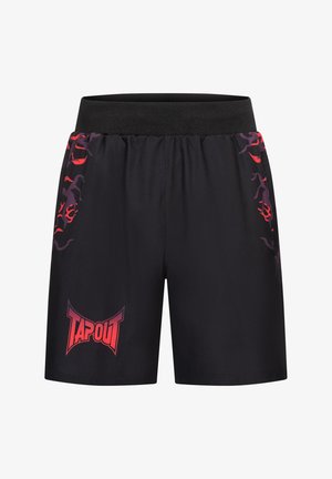 Czarne szorty sportowe z elastycznym pasem, z czerwonymi i fioletowymi grafikami po bokach oraz wyraźnym logo "TAPOUT".