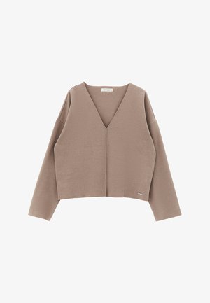 Maglione corto beige con scollatura a V profonda, maniche lunghe e tessuto morbido. Presenta una piccola etichetta sull'orlo con il marchio "OXXO".