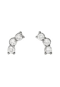 Srebrne kolczyki z trzema okrągłymi, przezroczystymi kamieniami w przesuniętym ułożeniu, charakteryzujące się polerowanym wykończeniem i gładkim designem.