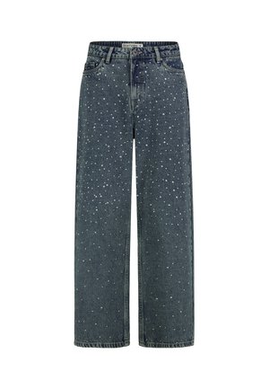 Dunkelblaue Jeans mit weitem Bein, weiß gesprenkeltem Muster, Gürtelschlaufen, Frontknopf und Taschen.