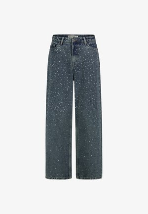 Dunkelblaue Jeans mit weitem Bein, weiß gesprenkeltem Muster, Gürtelschlaufen, Frontknopf und Taschen.