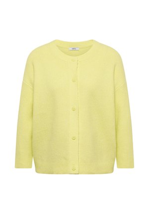 Yellow knitted cardigan with a round neckline, six front buttons, and wide sleeves. Ribbed texture on body and sleeves.