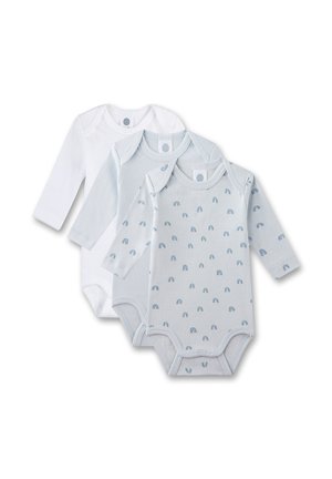 Drei Babybodys mit langen Ärmeln: einer weiß, zwei hellblau mit kleinen Regenbogenmustern. Weiches Baumwollmaterial mit Druckknopfverschluss.