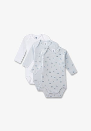 Drei Babybodys mit langen Ärmeln: einer weiß, zwei hellblau mit kleinen Regenbogenmustern. Weiches Baumwollmaterial mit Druckknopfverschluss.
