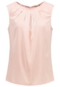 Vaaleanpunainen hihaton paita, jossa on pyöreä pääntie, etuosassa laskokset, sileä rakenne ja hieman väljä istuvuus.