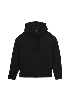 Melnā kapuce ar auduma saiti, garām piedurknēm un brīvu piegriezumu. Izgatavota no mīksta auduma ar gludu struktūru. Nav redzamu logo.