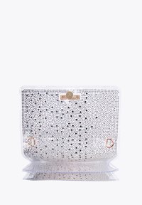 Pochette transparente avec motif à pois noirs, accent en métal doré et design à rabat. Texture lisse et forme structurée.