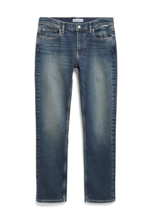 Donkerblauwe denim jeans met een vervaagde afwerking, recht gesneden ontwerp, vijf-pocket stijl en een rits met knoopsluiting.