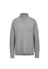 Grauer gestrickter Pullover mit hohem geripptem Kragen, überschnittenen Schultern und geripptem Saum. Verfügt über ein kleines goldfarbenes Logo-Highlight an der unteren Seite.