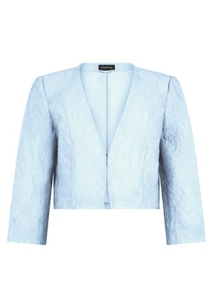 Light blue textured cropped blazer with long sleeves and a deep V-neck collar, tailored for a fitted silhouette.