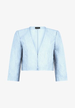 Light blue textured cropped blazer with long sleeves and a deep V-neck collar, tailored for a fitted silhouette.