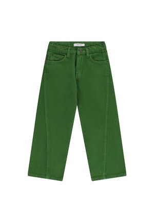 Green denim trousers with a straight-leg design, five pockets, button closure, and contrast stitching details.