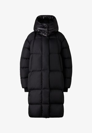 Schwarze Daunenjacke mit hohem Kragen und Druckknopfverschluss. Verfügt über gesteppten Abschnitte und lange Ärmel. Hergestellt aus glänzendem, gepolstertem Material.