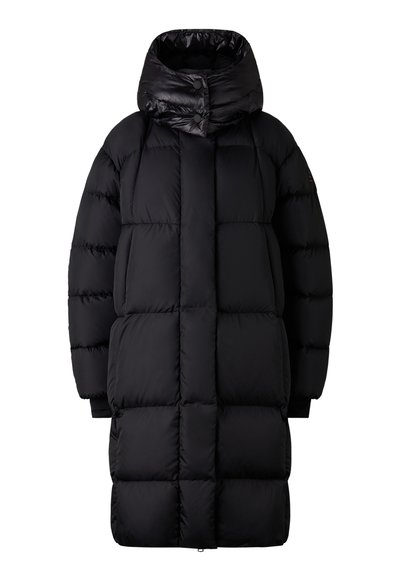Black puffer coat with a high collar and snap closure. Features quilted sections and long sleeves. Made of shiny, padded material.