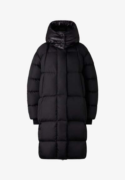 Black puffer coat with a high collar and snap closure. Features quilted sections and long sleeves. Made of shiny, padded material.