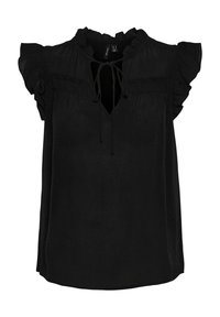 Blusa nera a maniche corte con dettagli a volant, scollo a V e coulisse. Realizzata in tessuto leggero con una texture morbida.
